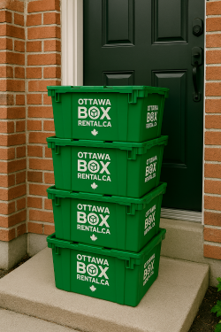 A stack of four boxes on the front step